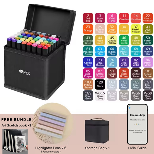 CreavaShop™ Creative Starter Kit – 48 Markers + A4 Sketchbook + FREE Creative Guide